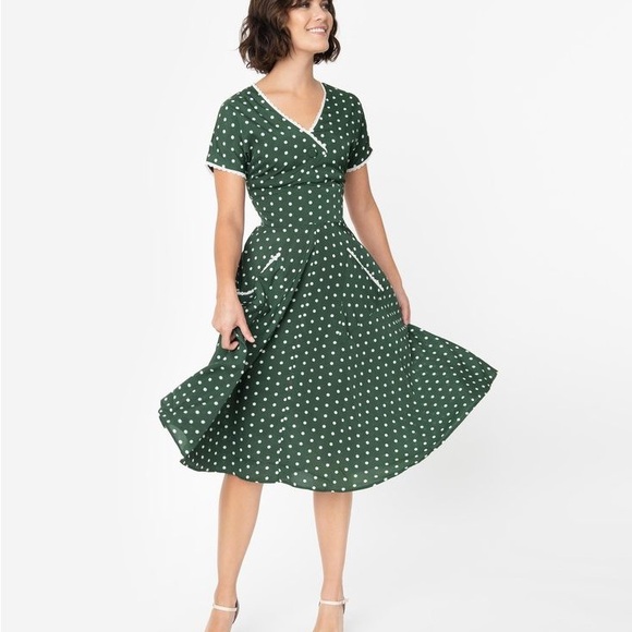 Unique Vintage Dresses & Skirts - Unique Vintage 1950s Dark Green & White Polka Dot Goldie Swing Dress XS/2
